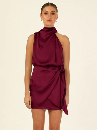 ワインレッド 誕生日パーティードレス アプリコット ハイカラー ノースリーブ 非対称ミニドレス