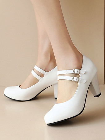 ホワイト レディース ミッドローヒール スエード バックル チャンキーヒール メリージェーンシューズ
