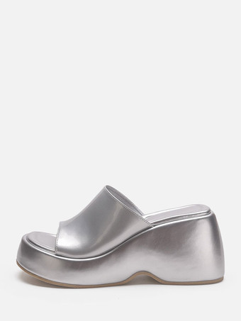 Silver Sandal Slides Mules sin cordones con plataforma plana metalizada plateada