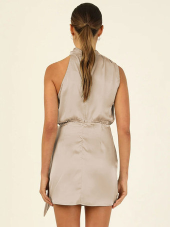 誕生日パーティードレス アプリコット ハイカラー ノースリーブ 非対称ミニドレス