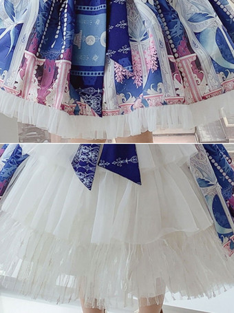 ポリエステル 日常 カジュアル ボウタイ ノースリーブ ポリエステル 秋 ドレス フラワープリント スイートブルー 子供用ロリータドレス