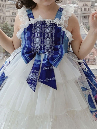 ポリエステル 日常 カジュアル ボウタイ ノースリーブ ポリエステル 秋 ドレス フラワープリント スイートブルー 子供用ロリータドレス