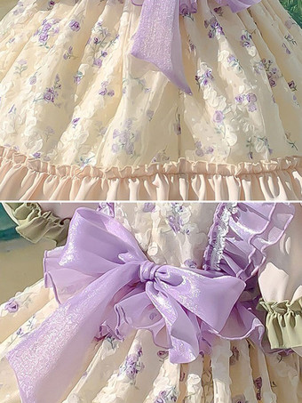 ポリエステル お茶会 フリル 長袖 ポリエステル 秋ドレス 花柄 ロココスタイル エクリュ ホワイト キッズロリータドレス