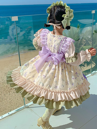 ポリエステル お茶会 フリル 長袖 ポリエステル 秋ドレス 花柄 ロココスタイル エクリュ ホワイト キッズロリータドレス