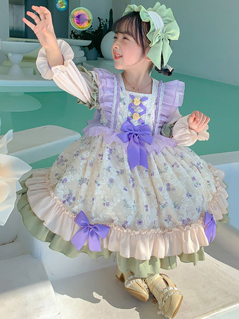 ポリエステル お茶会 フリル 長袖 ポリエステル 秋ドレス 花柄 ロココスタイル エクリュ ホワイト キッズロリータドレス