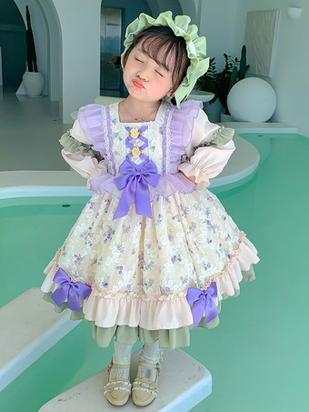 ポリエステル お茶会 フリル 長袖 ポリエステル 秋ドレス 花柄 ロココスタイル エクリュ ホワイト キッズロリータドレス