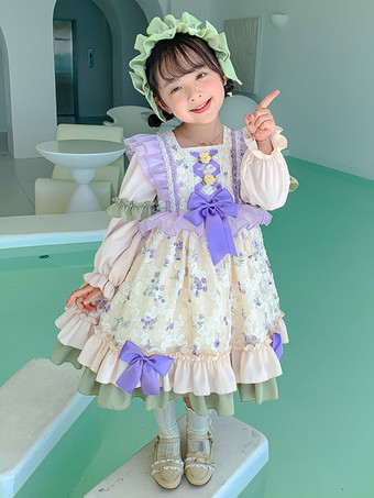 ポリエステル お茶会 フリル 長袖 ポリエステル 秋ドレス 花柄 ロココスタイル エクリュ ホワイト キッズロリータドレス