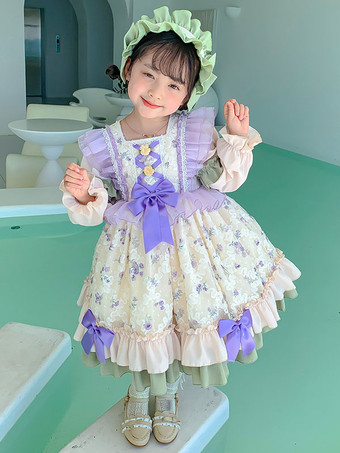 ポリエステル お茶会 フリル 長袖 ポリエステル 秋ドレス 花柄 ロココスタイル エクリュ ホワイト キッズロリータドレス