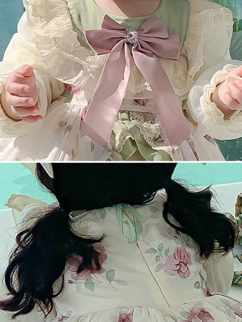 ポリエステル 日常 カジュアル レース 長袖 ポリエステル サマードレス フラワープリント ROCOCOスタイル グリーン 子供用ロリータドレス