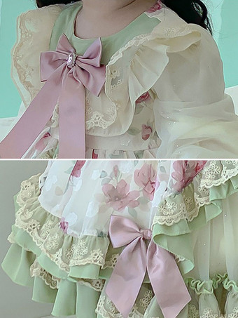 ポリエステル 日常 カジュアル レース 長袖 ポリエステル サマードレス フラワープリント ROCOCOスタイル グリーン 子供用ロリータドレス