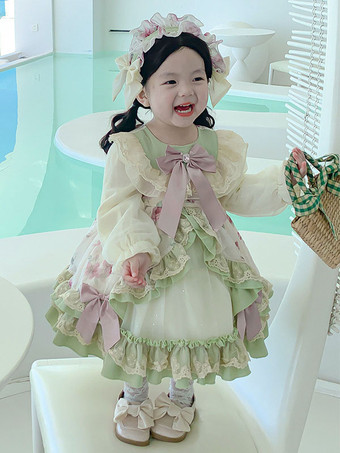 グリーン ポリエステル 日常 カジュアル レース 長袖 ポリエステル サマードレス フラワープリント ROCOCOスタイル グリーン 子供用ロリータドレス