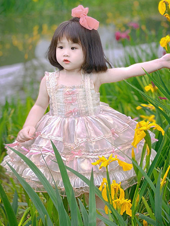 ポリエステル お茶会 リボン ノースリーブ ポリエステル スプリングドレス スイートピンク 子供用ロリータドレス