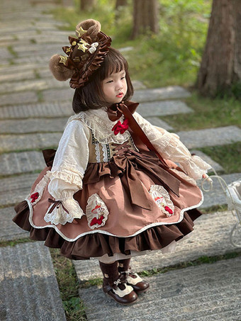 ポリエステル お茶会 リボン 長袖 ポリエステル スプリングドレス スイートコーヒー ブラウン キッズロリータドレス
