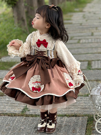 ポリエステル お茶会 リボン 長袖 ポリエステル スプリングドレス スイートコーヒー ブラウン キッズロリータドレス
