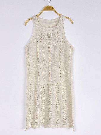 女性カバーアップかぎ針編みジュエルネックノースリーブサマービーチ水着