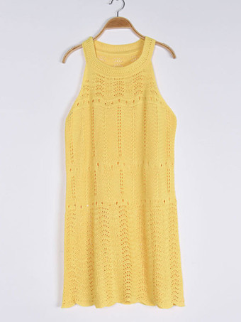 女性カバーアップかぎ針編みジュエルネックノースリーブサマービーチ水着