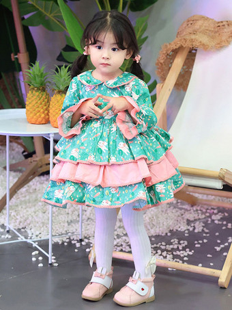 ポリエステル お茶会 リボン 長袖 ポリエステル 秋ドレス 花柄 ROCOCOスタイル グリーン キッズロリータドレス