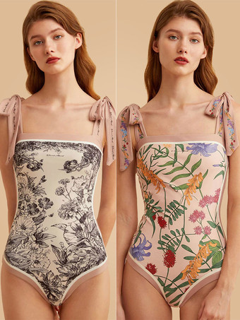 ピンク女性用ワンピース水着 両面花柄ビーチ水着