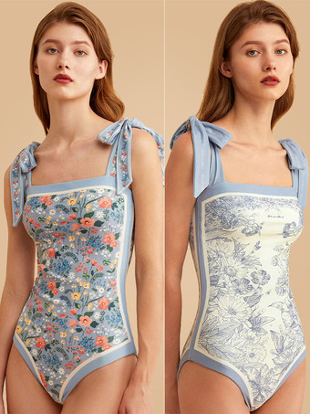ブルー 女性用ワンピース水着 両面花柄ビーチ水着