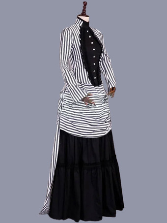 ホワイト レトロ コスチューム フリル マリー アントワネット コスチューム ポリエステル ストライプ ドレス 女性用 レトロ チュニック 18世紀 コスチューム