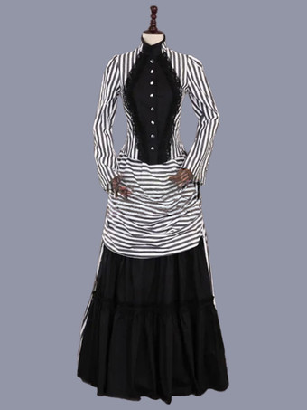 ホワイト レトロ コスチューム フリル マリー アントワネット コスチューム ポリエステル ストライプ ドレス 女性用 レトロ チュニック 18世紀 コスチューム