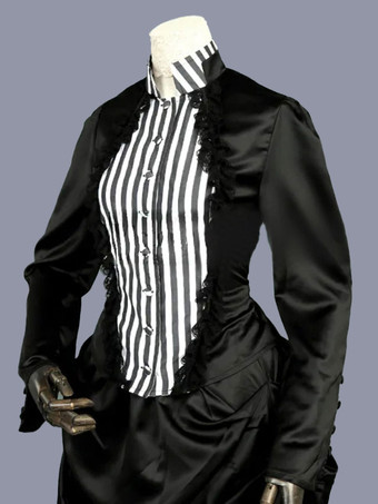 黒のレトロな衣装フリル ポリエステル ストライプ ドレス女性のレトロなチュニック マリー ・ アントワ ネット衣装古着