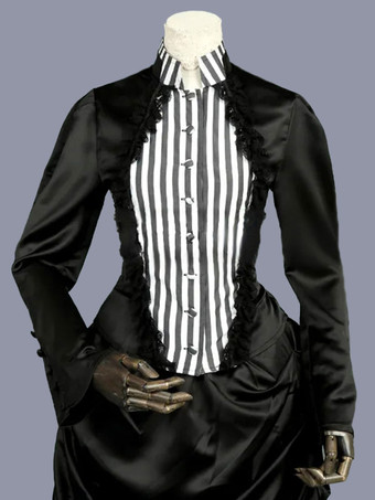 黒のレトロな衣装フリル ポリエステル ストライプ ドレス女性のレトロなチュニック マリー ・ アントワ ネット衣装古着