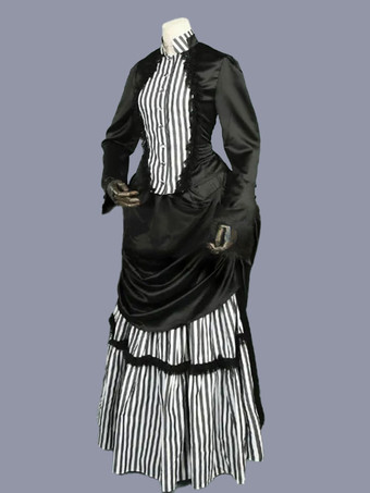 黒のレトロな衣装フリル ポリエステル ストライプ ドレス女性のレトロなチュニック マリー ・ アントワ ネット衣装古着