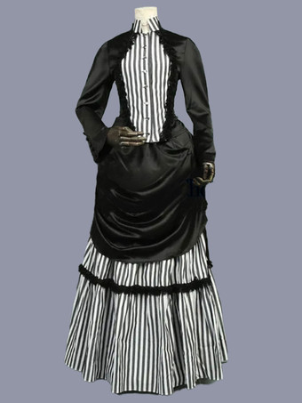 黒のレトロな衣装フリル ポリエステル ストライプ ドレス女性のレトロなチュニック マリー ・ アントワ ネット衣装古着