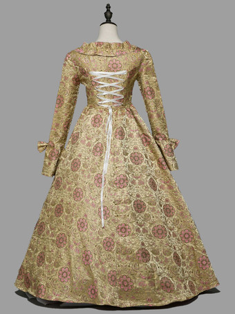 ライトブラウン レトロコスチューム 女性用 花柄 フリル リボン マリー・アントワネット コスチューム ポリエステル チュニックドレス レトロ 18世紀コスチューム