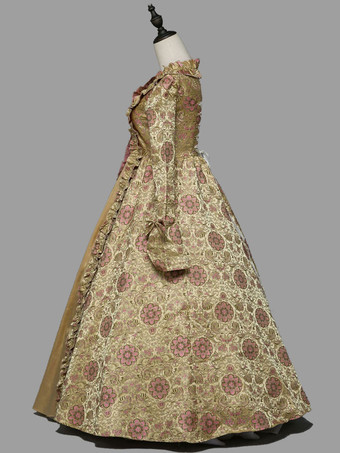 ライトブラウン レトロコスチューム 女性用 花柄 フリル リボン マリー・アントワネット コスチューム ポリエステル チュニックドレス レトロ 18世紀コスチューム