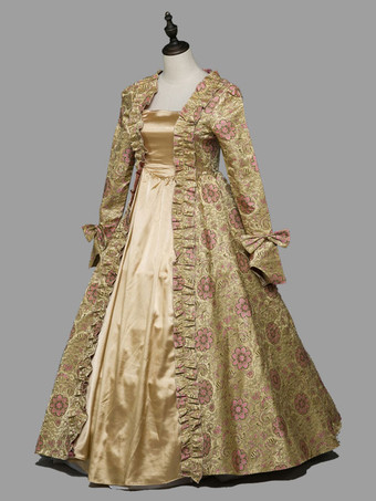 ライトブラウン レトロコスチューム 女性用 花柄 フリル リボン マリー・アントワネット コスチューム ポリエステル チュニックドレス レトロ 18世紀コスチューム