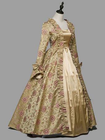 ライトブラウン レトロコスチューム 女性用 花柄 フリル リボン マリー・アントワネット コスチューム ポリエステル チュニックドレス レトロ 18世紀コスチューム