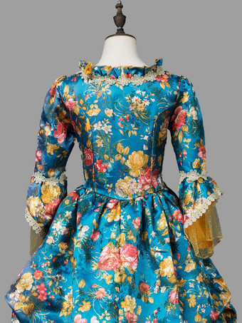 ブルー レトロ コスチューム 女性用 マリー アントワネット コスチューム 花柄 フリル レース ポリエステル チュニック ドレス レトロ ビンテージ 衣類