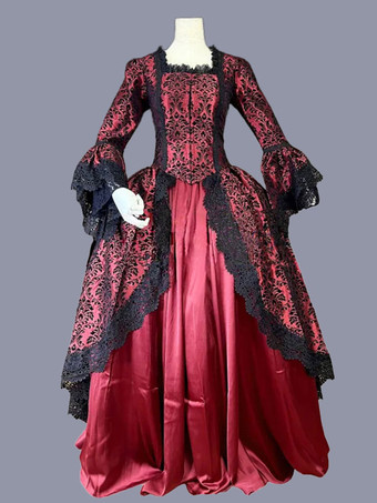 赤のレトロな衣装フリル ポリエステル マリー ・ アントワ ネット衣装花柄ドレス女性のレトロなチュニック パーティー ウエディング ドレス