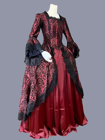 赤のレトロな衣装フリル ポリエステル マリー ・ アントワ ネット衣装花柄ドレス女性のレトロなチュニック パーティー ウエディング ドレス バーガンディ