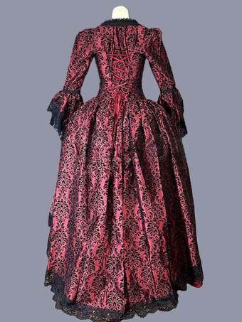 赤のレトロな衣装フリル ポリエステル マリー ・ アントワ ネット衣装花柄ドレス女性のレトロなチュニック パーティー ウエディング ドレス バーガンディ