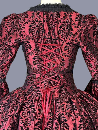 赤のレトロな衣装フリル ポリエステル マリー ・ アントワ ネット衣装花柄ドレス女性のレトロなチュニック パーティー ウエディング ドレス バーガンディ