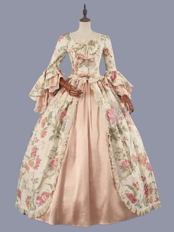 ビクトリア朝のロココ衣装花柄レースフリルポリエステルマリーアントワネットドレス