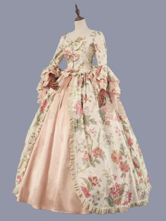 ビクトリア朝のロココ衣装花柄レースフリルポリエステルマリーアントワネットドレス