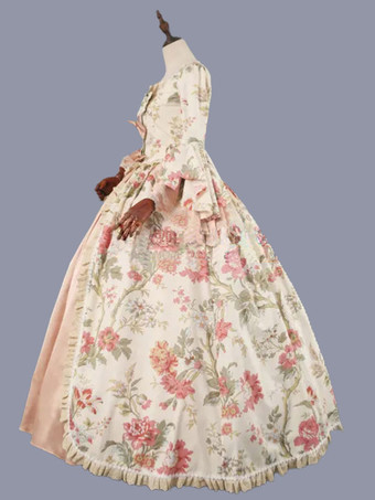 ビクトリア朝のロココ衣装花柄レースフリルポリエステルマリーアントワネットドレス