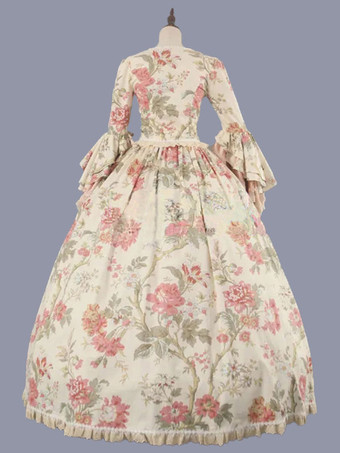 ビクトリア朝のロココ衣装花柄レースフリルポリエステルマリーアントワネットドレス