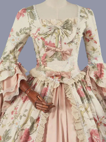 ビクトリア朝のロココ衣装花柄レースフリルポリエステルマリーアントワネットドレス