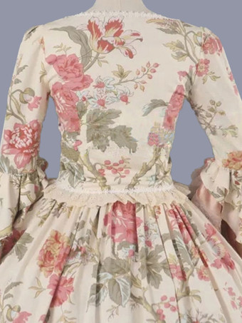 ビクトリア朝のロココ衣装花柄レースフリルポリエステルマリーアントワネットドレス