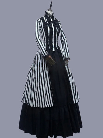 黒のレトロな衣装女性のストライプ レース フリル ポリエステル マリー ・ アントワ ネット衣装チュニック ドレス レトロ ヴィンテージ服