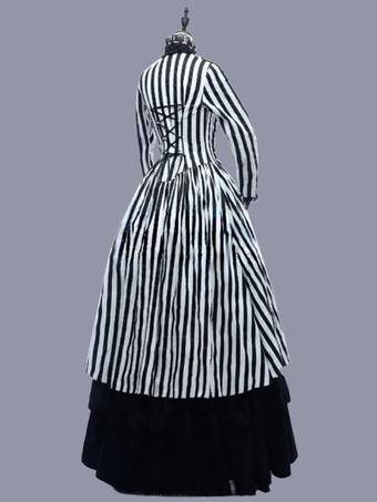 黒のレトロな衣装女性のストライプ レース フリル ポリエステル マリー ・ アントワ ネット衣装チュニック ドレス レトロ ヴィンテージ服