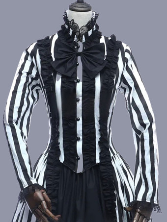 黒のレトロな衣装女性のストライプ レース フリル ポリエステル マリー ・ アントワ ネット衣装チュニック ドレス レトロ ヴィンテージ服