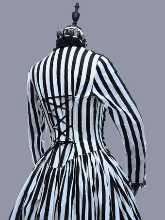 黒のレトロな衣装女性のストライプ レース フリル ポリエステル マリー ・ アントワ ネット衣装チュニック ドレス レトロ ヴィンテージ服