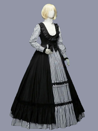 黒のレトロな衣装フリル ポリエステル ストライプ ドレス女性のレトロなチュニック マリー ・ アントワ ネット衣装古着