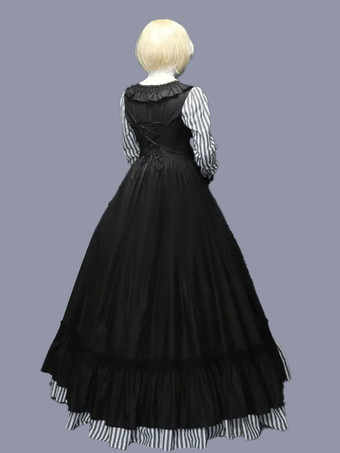 黒のレトロな衣装フリル ポリエステル ストライプ ドレス女性のレトロなチュニック マリー ・ アントワ ネット衣装古着